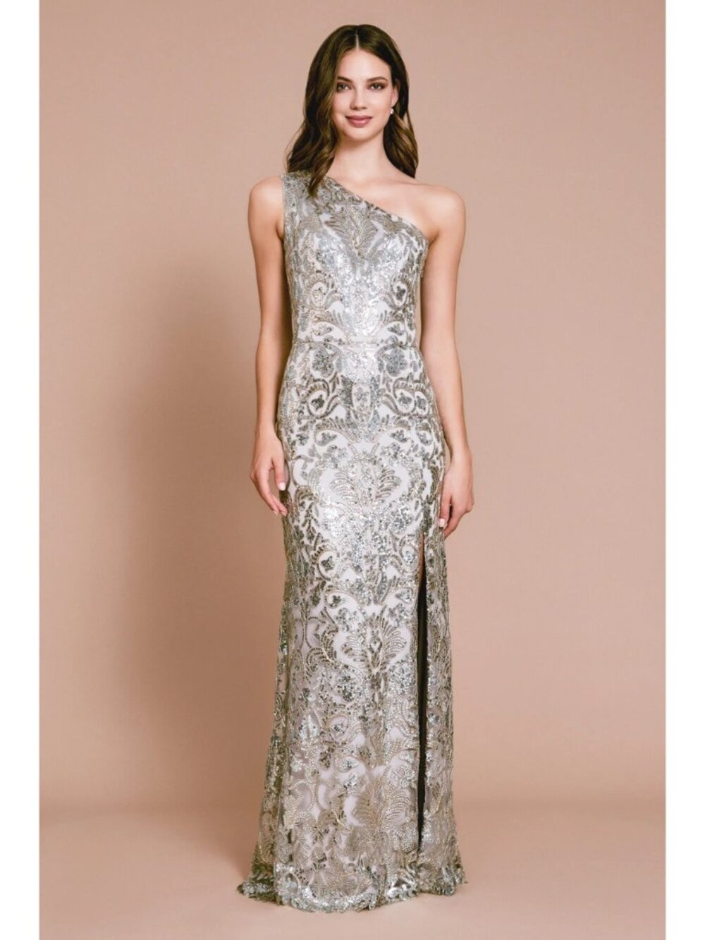 One-Shoulder Silver Sequin Evening Gown